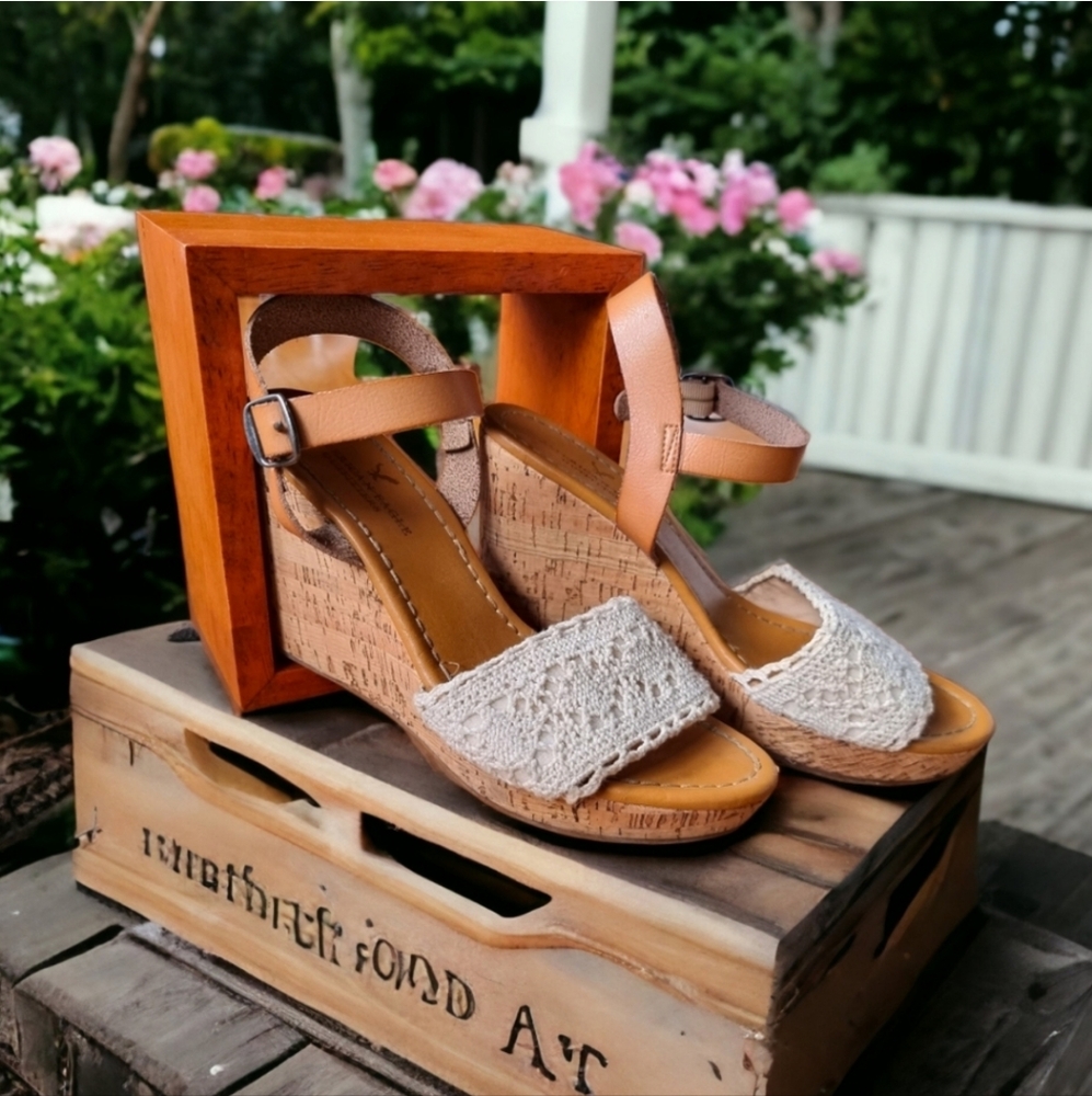 American Eagle Cork Wedge Heeled Lace Ankle Strap Sandals